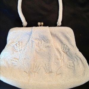 Vintage White Beaded Purse - Tulip Design 1950s